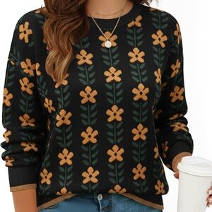 Amazon Black Floral Crewneck Sweater with Mustard Flowers